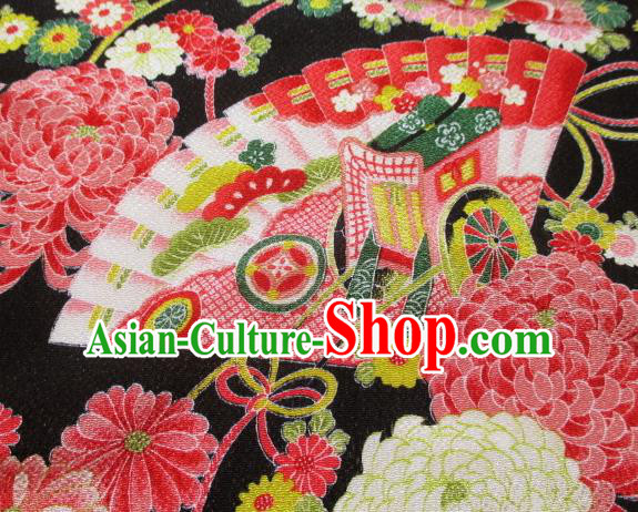 Asian Traditional Classical Chrysanthemum Fan Pattern Black Tapestry Satin Brocade Fabric Japanese Kimono Silk Material