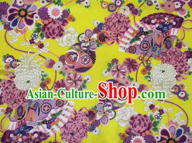 Asian Traditional Classical Chrysanthemum Fan Pattern Yellow Tapestry Satin Brocade Fabric Japanese Kimono Silk Material