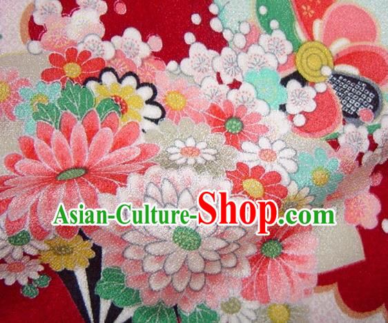 Asian Traditional Classical Flowers Fan Pattern Red Tapestry Satin Brocade Fabric Japanese Kimono Silk Material