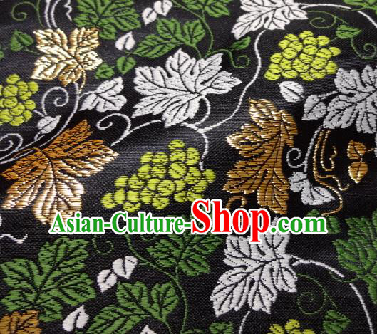 Asian Traditional Kimono Classical Grape Vine Pattern Black Nishijin Brocade Tapestry Satin Fabric Japanese Silk Material
