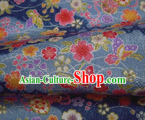 Asian Traditional Classical Butterfly Sakura Pattern Blue Brocade Tapestry Satin Fabric Japanese Kimono Silk Material