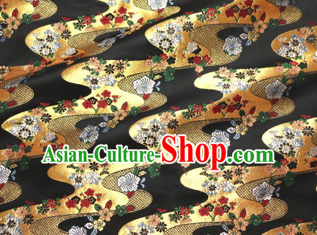 Asian Traditional Kimono Classical Chrysanthemum Pattern Black Damask Brocade Tapestry Satin Fabric Japanese Kyoto Silk Material
