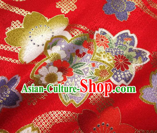 Asian Traditional Kimono Classical Sakura Pattern Red Damask Brocade Tapestry Satin Fabric Japanese Kyoto Silk Material