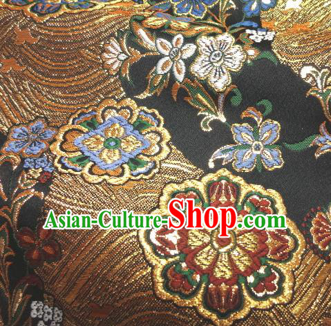 Asian Traditional Damask Classical Hothouse Flowers Pattern Black Brocade Fabric Japanese Kimono Tapestry Satin Silk Material