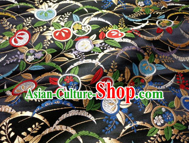 Asian Traditional Damask Classical Cherry Pattern Black Brocade Fabric Japanese Kimono Tapestry Satin Silk Material