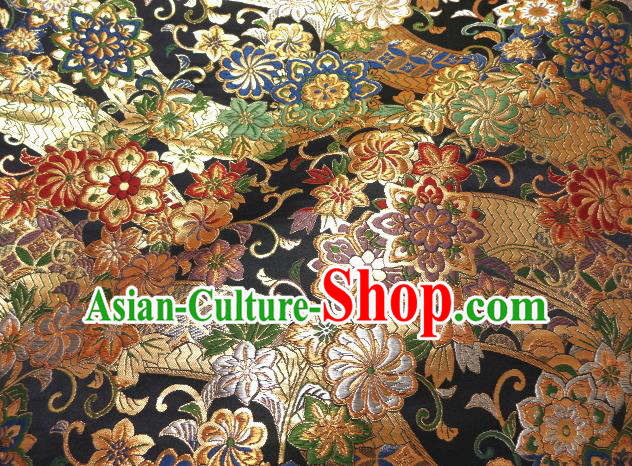 Asian Traditional Baldachin Classical Daisy Pattern Navy Brocade Fabric Japanese Kimono Tapestry Satin Silk Material
