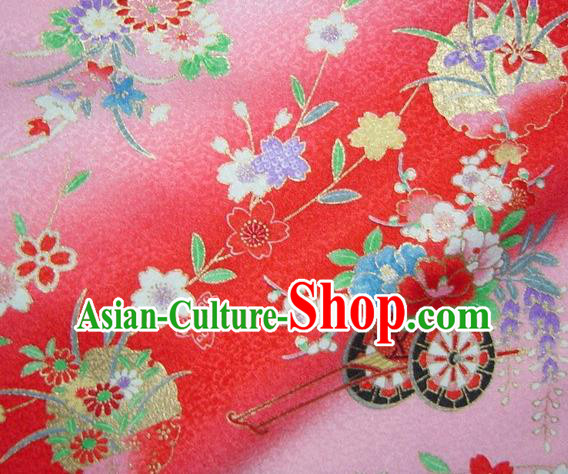 Asian Traditional Kimono Classical Flowers Gharry Pattern Red Brocade Tapestry Satin Fabric Japanese Kyoto Silk Material