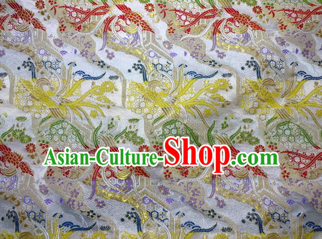 Asian Japanese Traditional Brocade Classical Colorful Phoenix Pattern White Baldachin Fabric Kimono Tapestry Satin Silk Material