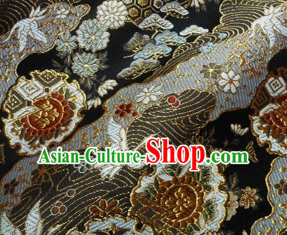 Asian Japanese Traditional Brocade Classical Cranes Pattern Black Baldachin Fabric Kimono Tapestry Satin Silk Material