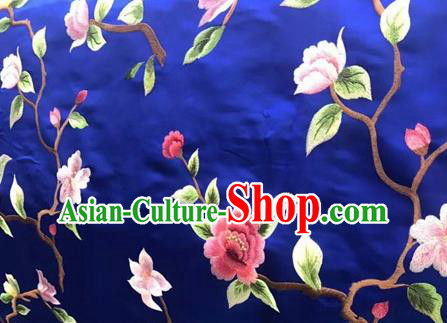 Asian Traditional Fabric Classical Embroidered Peony Pattern Blue Brocade Satin Silk Material
