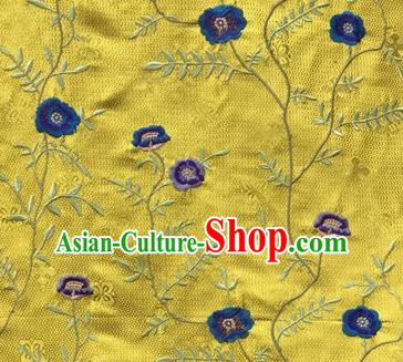 Asian Traditional Fabric Classical Embroidered Flowers Pattern Yellow Brocade Satin Silk Material
