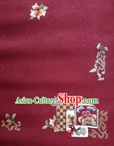 Asian Traditional Fabric Classical Embroidered Flowers Pattern Wine Red Brocade Satin Silk Material