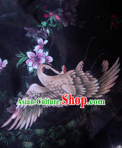 Asian Traditional Fabric Classical Crane Pattern Black Watered Gauze Brocade Chinese Satin Silk Material