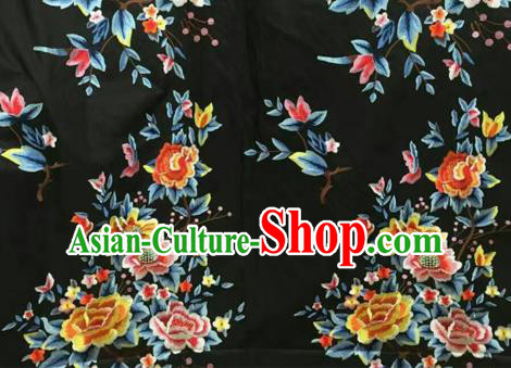 Asian Traditional Fabric Classical Peony Pattern Black Watered Gauze Brocade Chinese Satin Silk Material