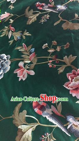 Asian Traditional Fabric Classical Embroidered Peony Birds Pattern Green Brocade Chinese Satin Silk Material