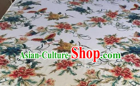 Asian Traditional Fabric Classical Butterfly Flowers Pattern White Brocade Chinese Satin Silk Material