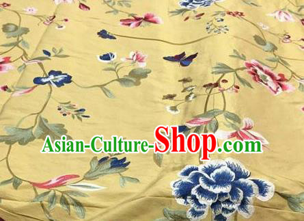 Asian Traditional Fabric Classical Embroidered Peony Butterfly Pattern Yellow Brocade Chinese Satin Silk Material