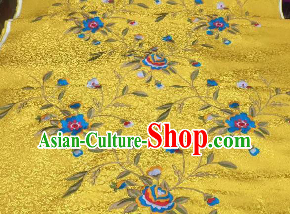 Asian Traditional Fabric Classical Embroidered Peony Flowers Pattern Yellow Brocade Chinese Satin Silk Material