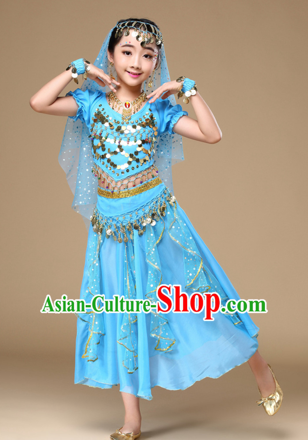 Light Blue Indian Traditional Belly Dancing Costumes Asian India Oriental Dance Costume Complete Set for Kids