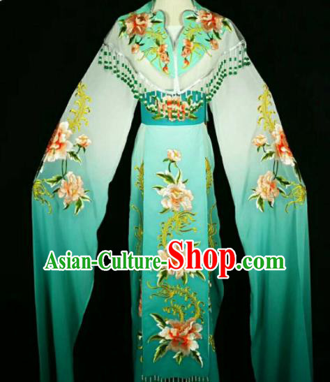 Traditional Chinese Peking Opera Peri Embroidered Peony Green Dress Ancient Court Princess Costume for Women