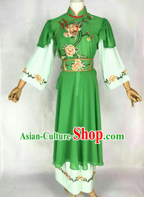 Traditional Chinese Peking Opera Maidservants Embroidered Green Dress Ancient Village Girl Costume for Women