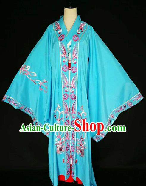 Chinese Traditional Peking Opera Artiste Costume Ancient Queen Embroidered Blue Dress for Women