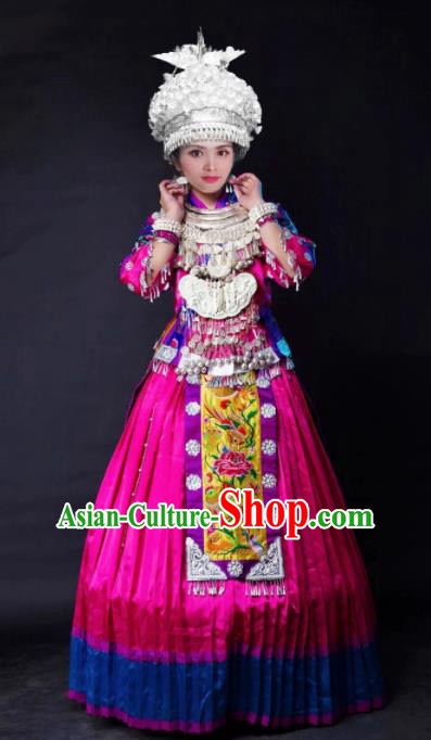 Chinese Traditional Ethnic Costume Miao Nationality Folk Dance Wedding Rosy Dress for Women