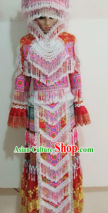 Chinese Traditional Ethnic Folk Dance Costume Miao Nationality Wedding Beads Tassel Dress and Headdress for Women