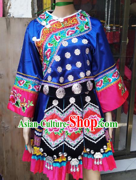 Chinese Traditional Hmong Ethnic Costume Miao Nationality Folk Dance Embroidered Blue Dress for Women