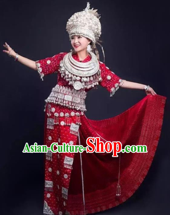 Chinese Traditional Hmong Ethnic Wedding Costume Miao Nationality Folk Dance Red Pleated Skirt and Headdress for Women