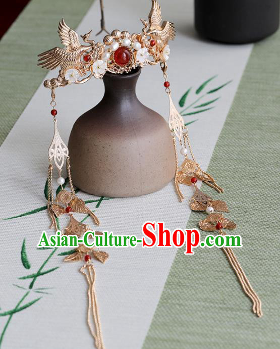 Chinese Traditional Hanfu Hair Accessories Ancient Princess Pearls Golden Tassel Cranes Hair Crown Hairpins for Women