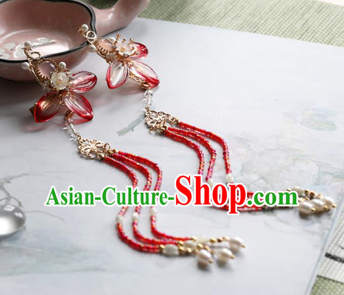 Chinese Traditional Hanfu Hair Accessories Ancient Princess Red Flower Tassel Hair Claws Hairpins for Women