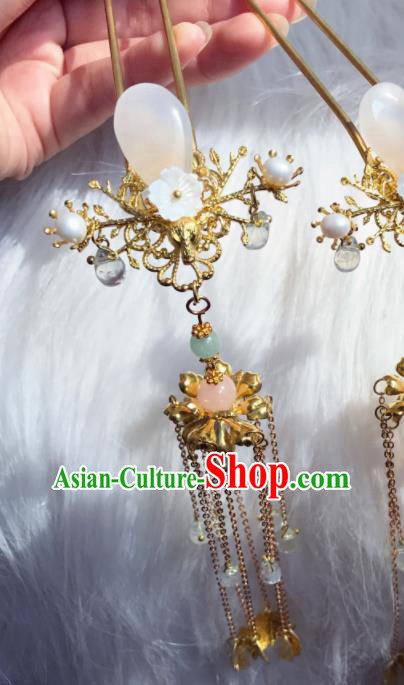 Chinese Ancient Princess Rose Chalcedony Tassel Hairpins Traditional Hanfu Hair Accessories for Women