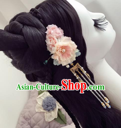 Chinese Ancient Princess Pink Flowers Tassel Hairpins Traditional Hanfu Hair Accessories for Women
