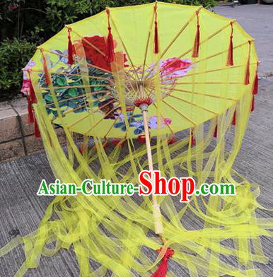Chinese Ancient Drama Prop Yellow Ribbon Umbrella Traditional Printing Handmade Umbrellas