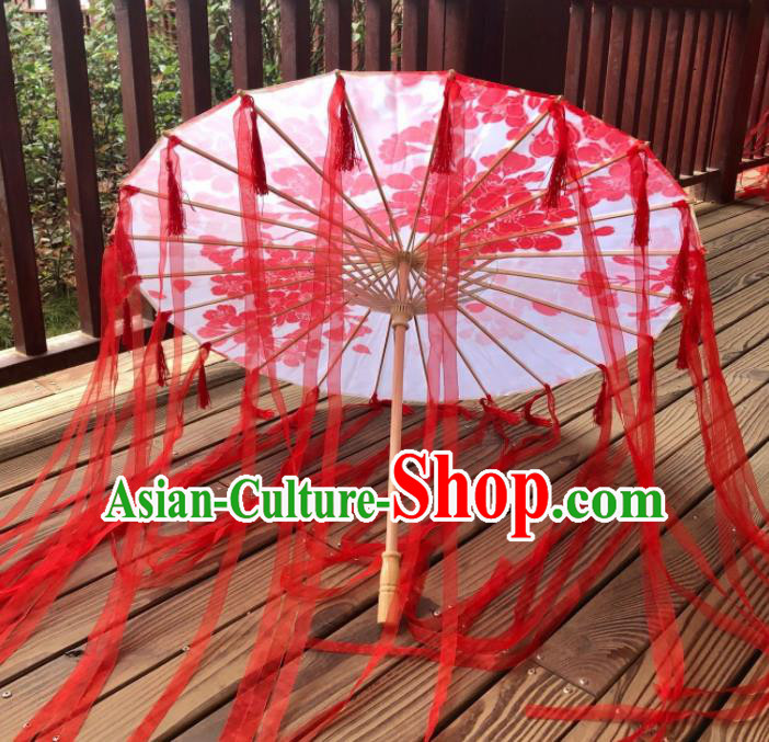 Chinese Ancient Drama Prop Printing Umbrella Traditional Handmade Red Ribbon Umbrellas