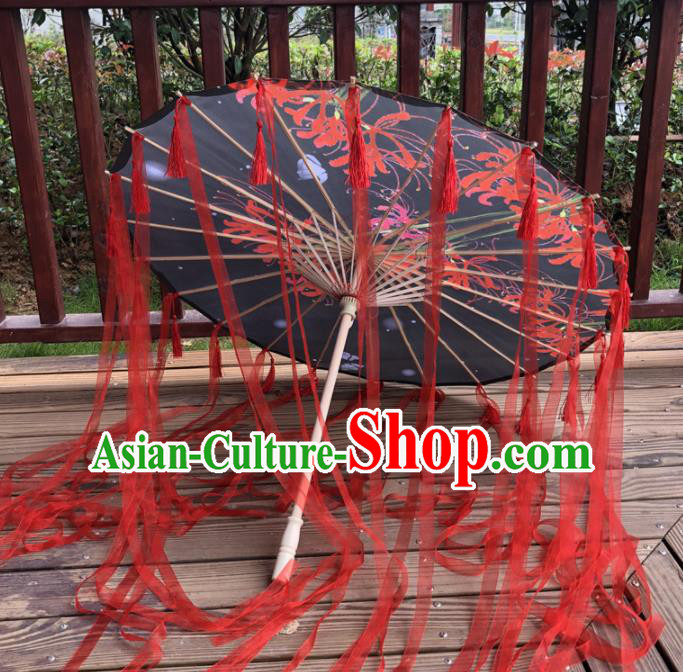 Chinese Ancient Drama Prop Black Silk Umbrella Traditional Handmade Red Ribbon Umbrellas