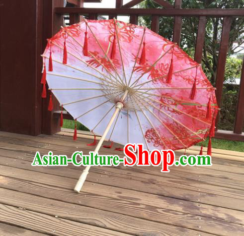 Chinese Ancient Drama Prop Printing Silk Umbrella Traditional Handmade Red Tassel Umbrellas