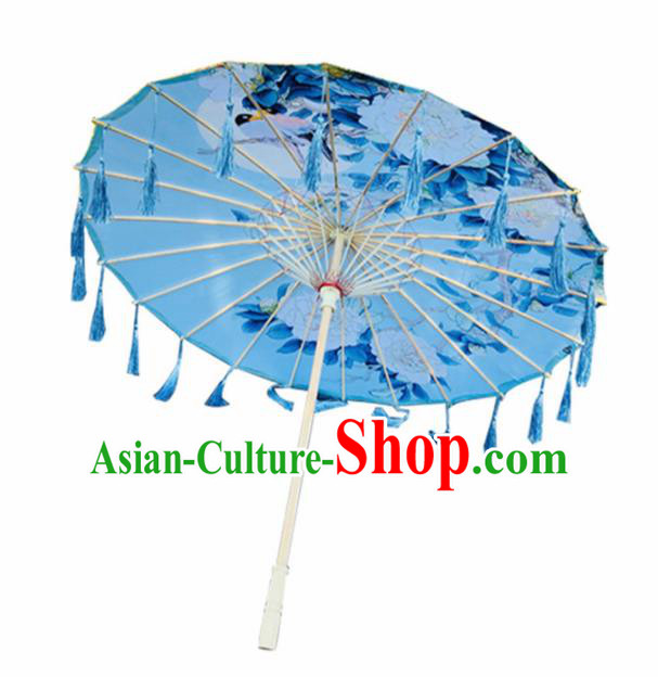 Chinese Ancient Drama Prop Printing Peony Silk Umbrella Traditional Handmade Blue Tassel Umbrellas