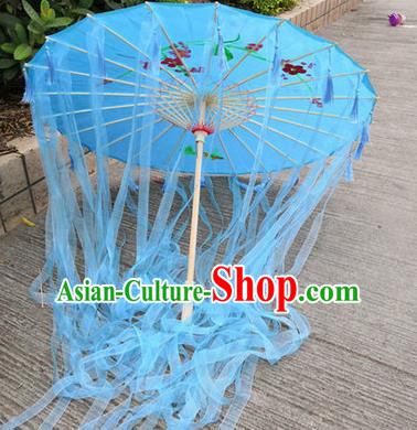 Chinese Ancient Drama Prop Princess Blue Ribbon Umbrella Traditional Handmade Umbrellas for Women