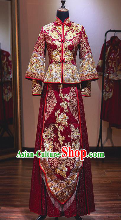 Chinese Traditional Wedding Xiuhe Suit Ancient Bride Embroidered Dress  for Women