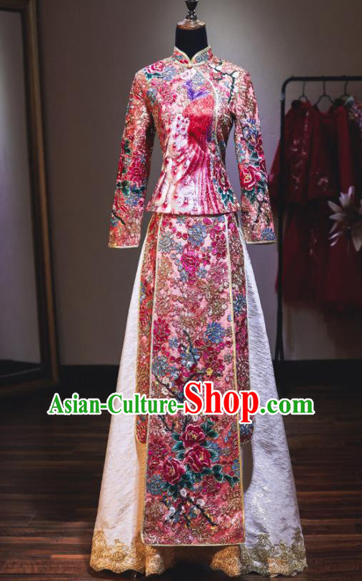 Chinese Traditional Wedding Diamante Xiuhe Suit Ancient Bride Embroidered Champagne Dress for Women
