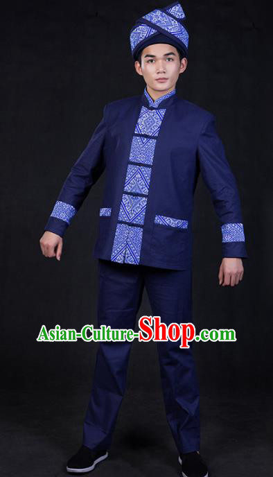 Chinese Traditional Zhuang Nationality Deep Blue Clothing Ethnic Festival Folk Dance Costume for Men