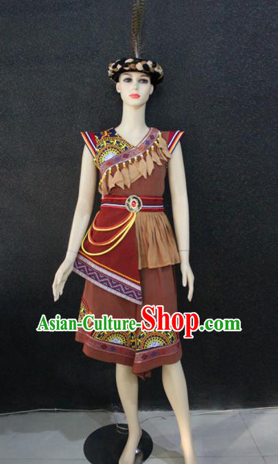 Chinese Traditional Zhuang Nationality Female Brown Dress Ethnic Folk Dance Costume for Women