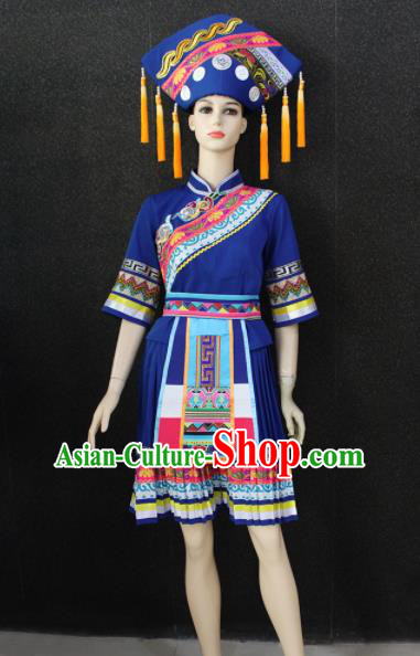 Chinese Traditional Zhuang Nationality Royalblue Dress Ethnic Folk Dance Costume for Women