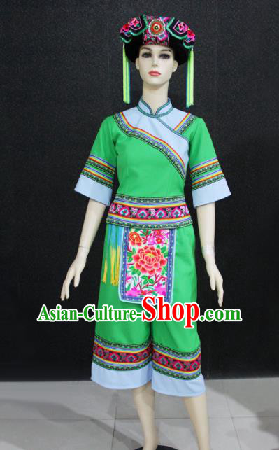 Chinese Traditional Yao Nationality Embroidered Green Clothing Ethnic Folk Dance Costume for Women