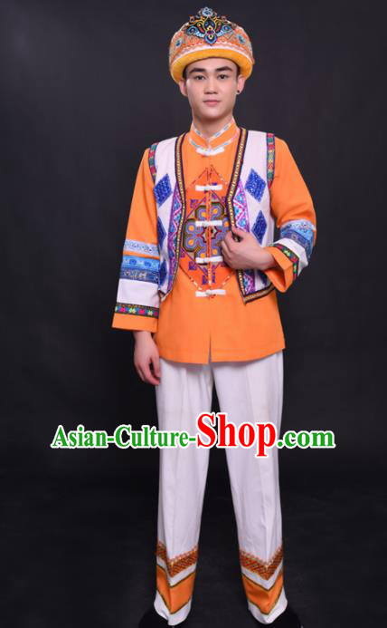 Chinese Traditional Ethnic Orange Costume She Nationality Festival Folk Dance Clothing for Men