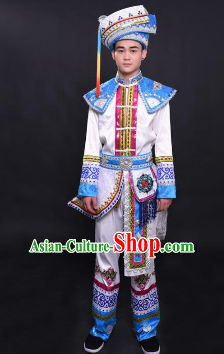 Chinese Traditional Ethnic Prince White Costume Zhuang Nationality Festival Folk Dance Clothing for Men