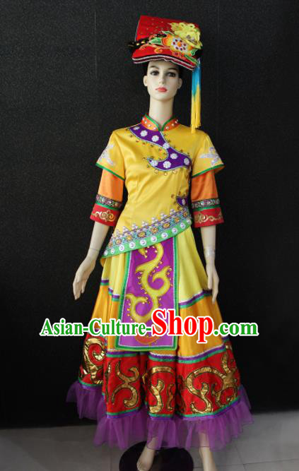 Chinese Traditional Qiang Nationality Yellow Dress Ethnic Folk Dance Costume for Women