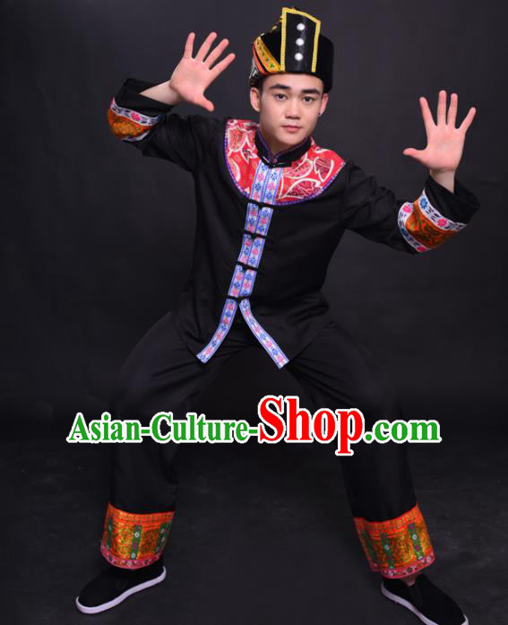 Chinese Traditional Ethnic Black Costume Mulao Nationality Festival Folk Dance Clothing for Men